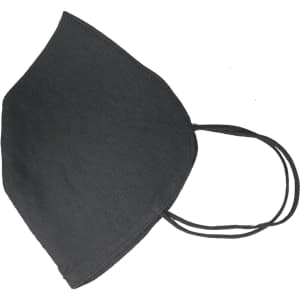 A black face mask with adjustable ear straps, featuring a plain design and a subtle logo.