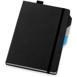 A black notebook featuring a textured cover, an elastic band closure, and colour-coded tabs on the side.