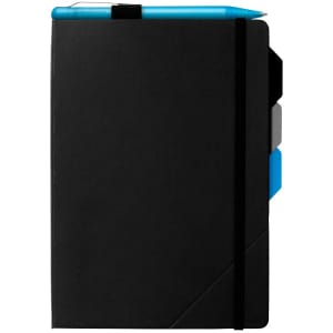 A black notebook with a blue pen attached, featuring coloured tab dividers and a black elastic closure.