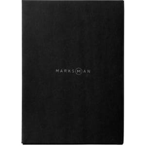 A black notebook featuring a logo on the front cover. It has a sleek and minimalist design.