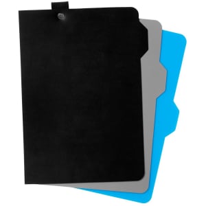 A black notebook with a grey and blue folder, featuring a rounded edge and a fastening button.