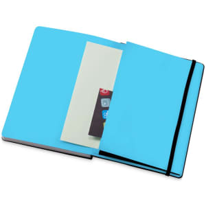 A blue notebook with a flexible cover, featuring a pocket and an elastic closure. It contains white pages and a branding logo.