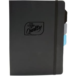 A black notebook with an elastic band closure and coloured tab dividers, featuring a logo on the front cover.
