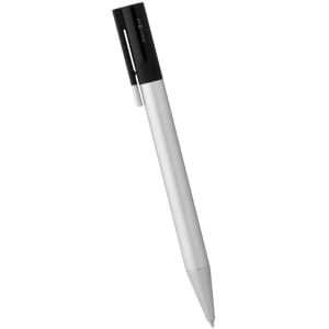 A silver ballpoint pen with a black clip and grip, featuring a logo on the barrel.