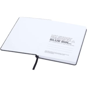 A grey A5 RPET notebook with blank pages and a ribbon bookmark, featuring a logo on the cover.