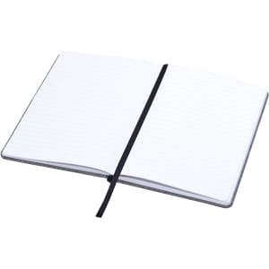 A grey A5 notebook with lined pages and a black elastic band closure, featuring a simple design.