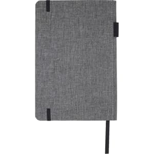 A grey A5 RPET notebook with a textured cover, black elastic closure, and ribbon bookmark. It features a logo.