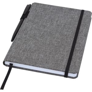 A grey RPET notebook with an elastic band and a black pen, featuring a textured cover and a ribbon bookmark.