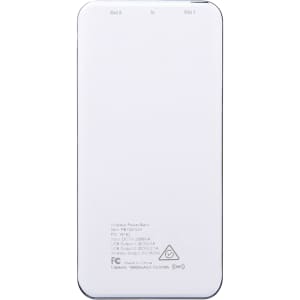 A white wireless power bank with a display, featuring USB output and input ports, and a logo on the surface.