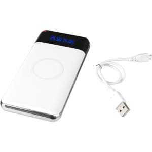 A white 10,000 mAh wireless power bank with a display and a USB charging cable.