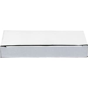 A plain white box with a slightly glossy finish, rectangular in shape, featuring a simple design.