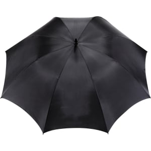 A black golf umbrella with a sturdy design and centre handle, featuring a logo on the underside.