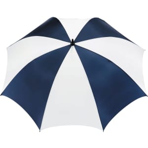 A golf umbrella featuring a navy blue and white striped design, with a sturdy construction and a brand logo.