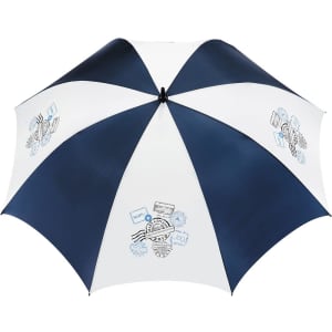 A blue and white promotional golf umbrella featuring various designs and a logo.
