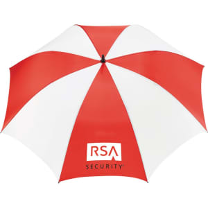 A large golf umbrella with red and white panels and a logo, designed for outdoor use.