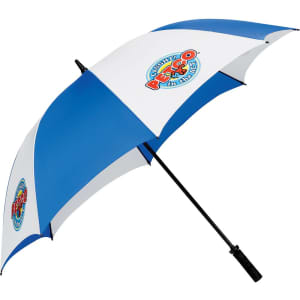 A large, blue and white golf umbrella with a logo, featuring a curved handle for easy grip.