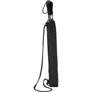 A black vented folding umbrella with a sleek handle and a protective sleeve, featuring a logo.