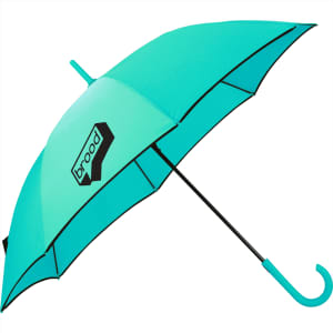 A turquoise umbrella with a black logo and a curved handle, featuring a stylish design for leisure use.