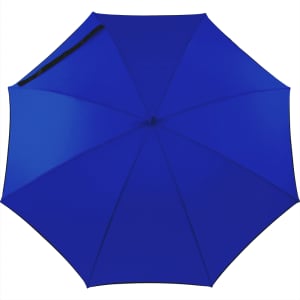 A blue auto open fashion umbrella with a black handle and a logo. Suitable for leisure and outdoor activities.