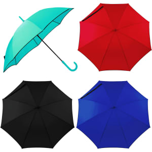 A collection of four umbrellas in turquoise, red, black, and blue, featuring a design with a logo.