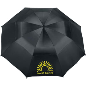 A black vented golf umbrella with an intricate design and a logo on one panel.