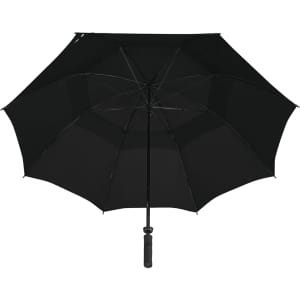 A black vented golf umbrella with a curved handle and multiple segments for extra coverage.