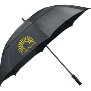A black vented golf umbrella featuring a logo and a curved handle.