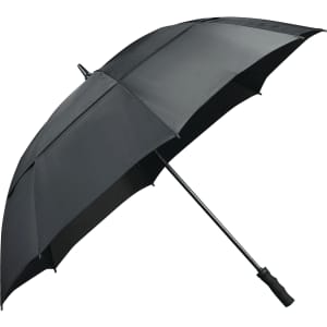 A black vented golf umbrella with a sturdy handle and a sleek design, featuring a logo on the cover.