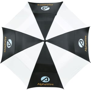 A vented golf umbrella featuring black and white panels and a logo.