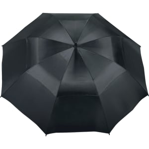 A black vented golf umbrella featuring multiple panels and a central rib for support. It includes a logo.