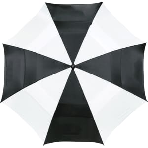 A black and white vented golf umbrella featuring a simple geometric design and a central button.