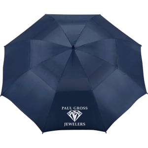 A navy blue vented golf umbrella featuring a logo with a diamond design.