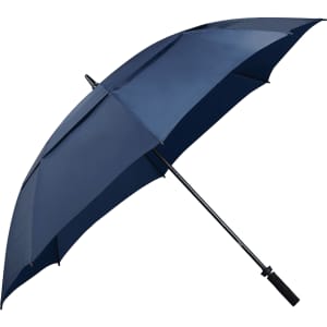 A navy blue vented golf umbrella with a black handle and a branding logo.