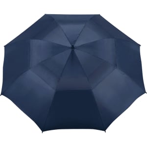 A navy blue vented golf umbrella with a sturdy structure and a central opening mechanism. It features a logo.