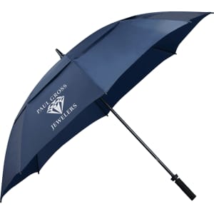 A navy blue vented golf umbrella with a black handle and a logo printed on one side.