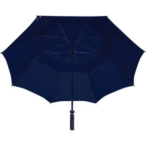 A navy blue vented golf umbrella with a sturdy handle and a curved canopy design. Features a logo on the handle.
