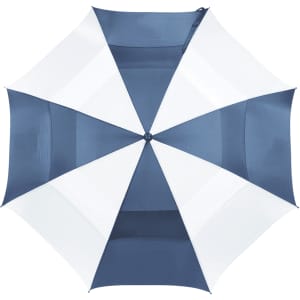 A vented golf umbrella featuring a navy and white design with a signature logo.