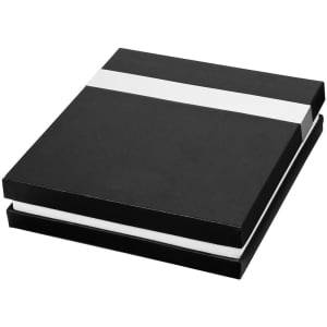 A black gift box with a white band, containing office supplies. The set is neatly packaged and sophisticated in design.