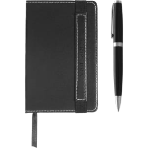A black notebook with a strap and a matching black pen, featuring a logo on the notebook.