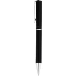 A sleek black metal ballpoint pen with chrome accents and a clip, featuring a logo on the barrel.