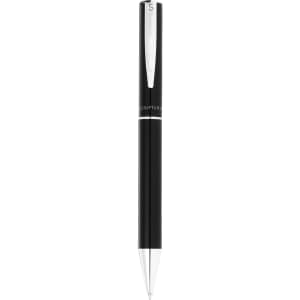 A black metal ballpoint pen with a silver clip and a logo on the barrel.