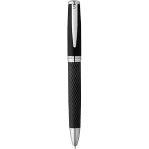 A black metal ballpoint pen with a textured grip and a shiny chrome clip, featuring a branding logo.