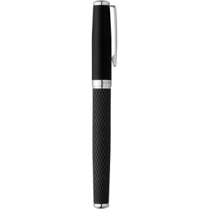 A sleek black ballpoint pen with a textured grip and silver accents, featuring a branding logo.