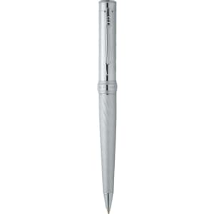 A sleek silver ballpoint pen with a spiral design and a shiny finish, featuring a branding logo.