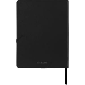 A black notebook with a textured cover, featuring an elastic band closure and a ribbon bookmark.