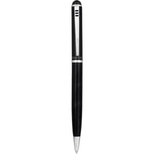 A black pen with a silver accent and a small logo on its body.