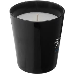 A black scented candle in a sleek holder with a wick, featuring a decorative logo.