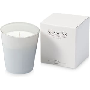 A frosted glass candle in a light blue container with a white lid, accompanied by a matching white box.