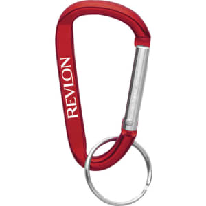 A red carabiner keyring with a silver attachment, featuring a logo on its surface.