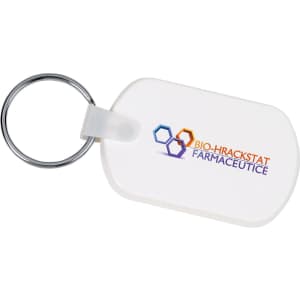 A white rectangular soft key tag with a metal keyring and a logo printed on it.